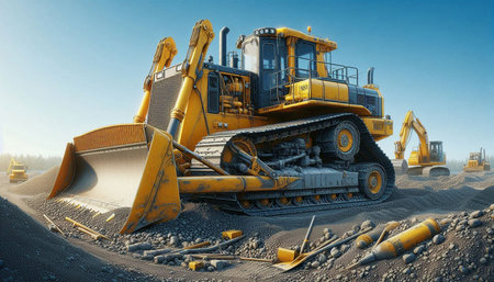bulldozer in the open pit. 3d render illustration.