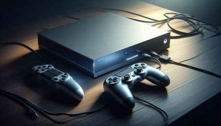 Video game console and two gamepads on the table. Selective focus