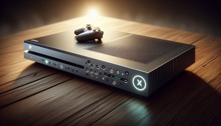 Close up view of a modern video game console. 3d rendering