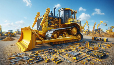 bulldozer and construction equipment in sandpit, 3d render
