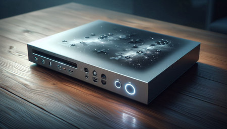 Digital music player on wooden table. Media technology concept. 3D Rendering