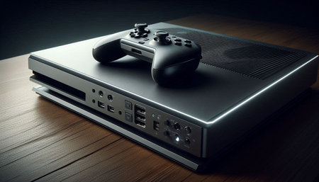 Digital composite of Dualshock controller and gamepad on wooden table with dark background