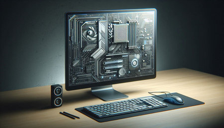 Computer with circuit board and mouse on the table. 3d rendering