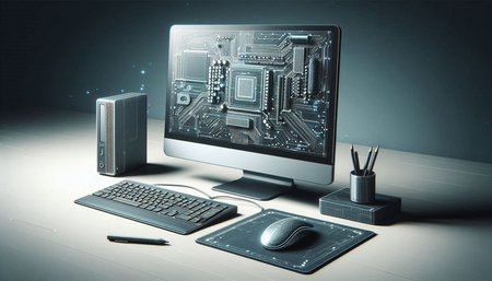 Computer with circuit board and computer mouse on table, 3d illustration