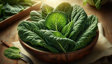 Fresh chinese cabbage in bowl on wooden table, closeup view
