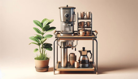 Modern coffee machine with pot and plant on color background. 3d rendering