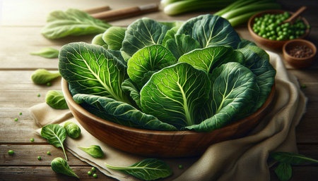 Bowl with fresh green chinese cabbage on wooden table, closeup