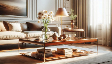 Living room interior with sofa, coffee table and vase with flowers. 3d render
