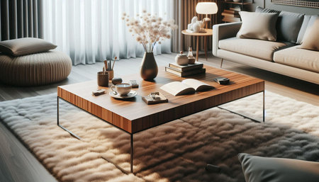 Modern living room interior with wooden table and coffee table. 3D Renderingの写真素材