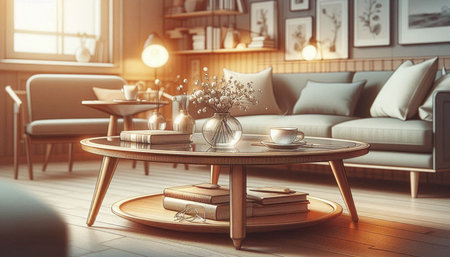 Cozy living room interior with coffee table, sofa and books. Mock up, 3D Rendering