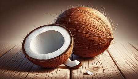 Coconut on a wooden background. Close-up image.