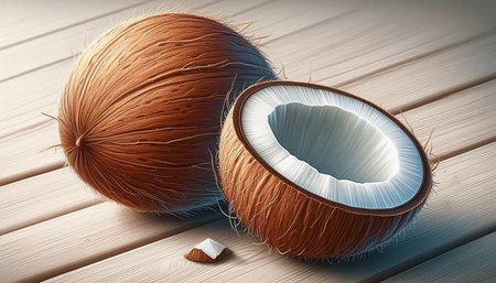 Coconut on a wooden background. 3d render illustration.