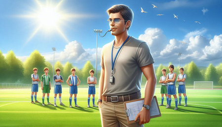 Soccer player on the field against football pitch under blue sky with cloudsの写真素材