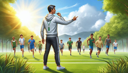 Running man in sportswear against green grassy field under blue sky