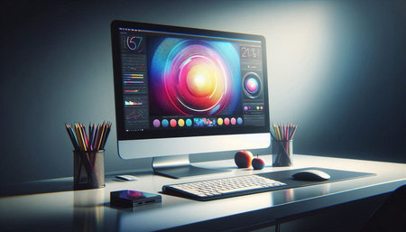 Designer desktop with computer and colorful screen. 3D Rendering