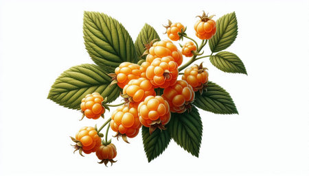 bunch of ripe yellow raspberries with green leaves isolated on white background