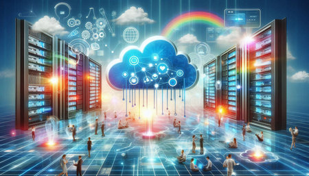 Cloud computing and technology concept. 3D rendering double exposure mixed media