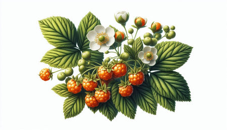 Branch of raspberry with fruits and flowers on a white background.