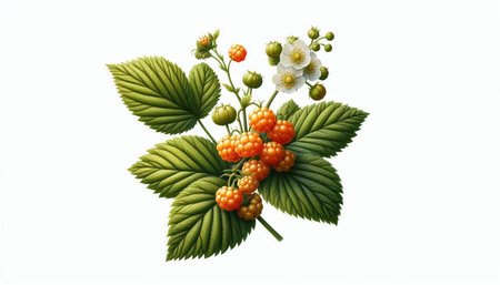 Branch of raspberry with green leaves and flowers isolated on white background