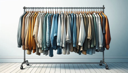 Wardrobe hanger with clothes in different colors. 3d rendering
