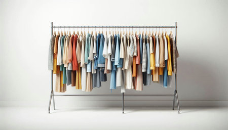 Wardrobe rack with clothes in different colors on a white wall backgroundの写真素材