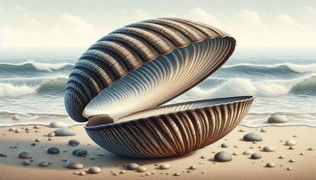 Seashells on the beach. 3d rendered illustration.