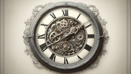 Vintage clock on a white wall, closeup of photo.