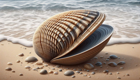 Seashells on the sandy beach. 3d illustration.