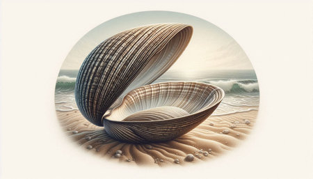 3d illustration of a seashell on the beach with waves in the background