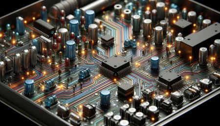 Electronic circuit board close up. Technology background. 3d rendering