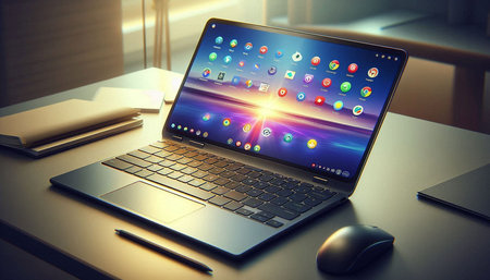 Laptop with colorful application icons on the screen. 3d rendering