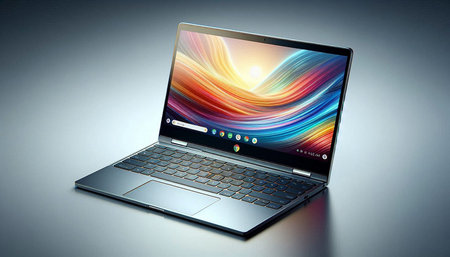 Laptop with colorful screen on a gray background. 3d rendering