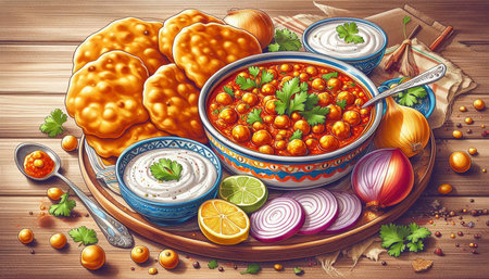 Bowl of spicy chickpeas with tzatziki sauce on a wooden background.