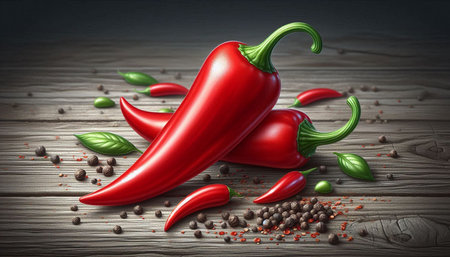 Red hot chili peppers and spices on wooden background. 3d illustration