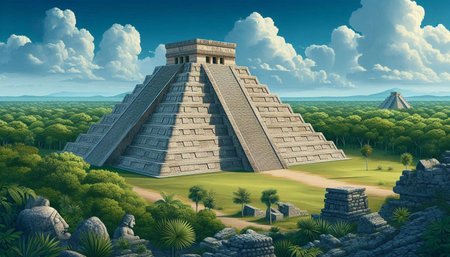 Ancient Mayan pyramid in the jungle. 3D rendering. Computer digital drawing.の写真素材