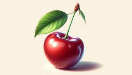 Cherry with leaf on a white background. 3D illustration.
