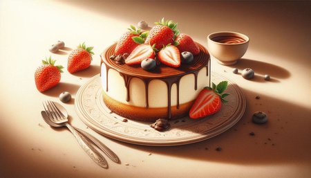 Chocolate cake with strawberries and blueberries on a brown background.