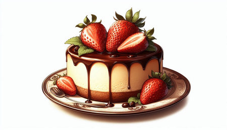 3D illustration of a chocolate cake with strawberries and mint isolated on white background