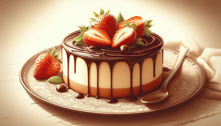 Chocolate cake with strawberries on a white background. Toned.