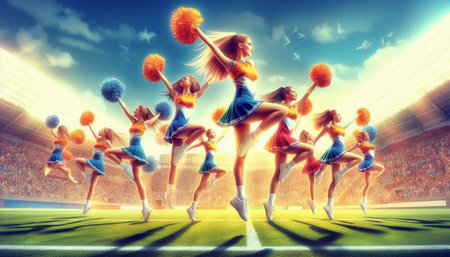 Cheerleaders at the stadium. 3D illustration. Sport background.