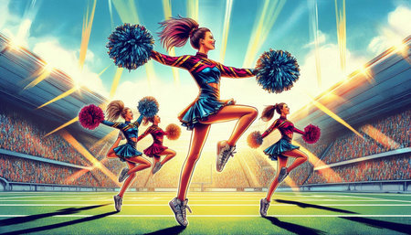 Cheerleaders at the stadium. 3D illustration. Elements of this image furnished by NASA