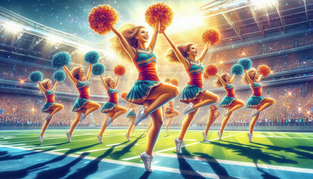 Cheerleaders at stadium with lights on background. Mixed media.
