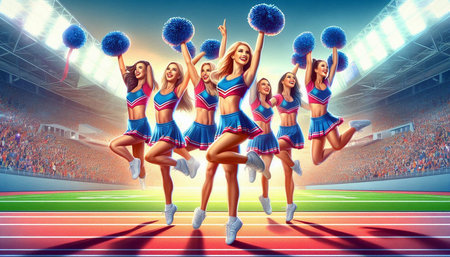 Cheerleaders at stadium. Cheerleaders in sportswear with pom-pomsの写真素材