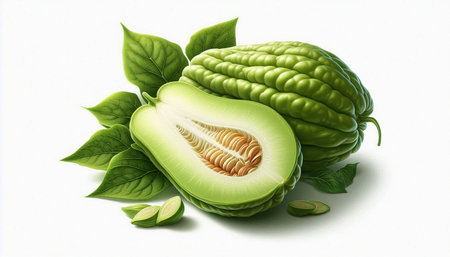 Bitter melon with leaves isolated on white background, clipping path included