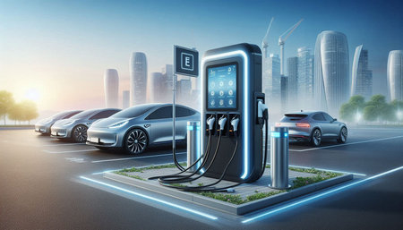 Electric car charging station in modern city. 3D rendering image.