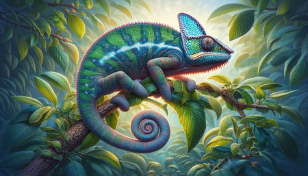 Chameleon on a tree branch in the forest. Fantasy illustration.の写真素材