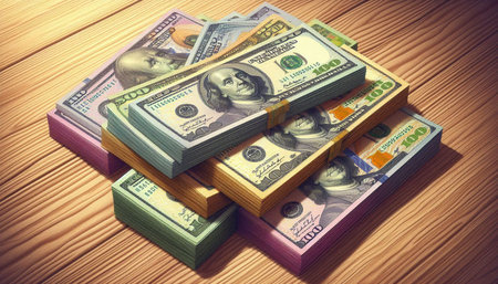 Stack of dollar banknotes on wooden background. Concept of money.