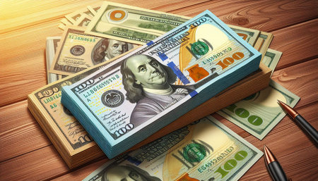 Dollars and pen on a wooden background. 3d rendering