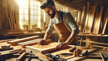Carpenter working in his carpentry workshop. Woodwork concept.