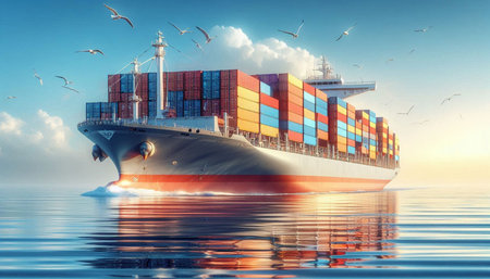 Cargo ship with seagulls on the background of the sea